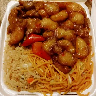 My plate: mushroom chicken, orange chicken, fried rice, chow mein. I am so full!