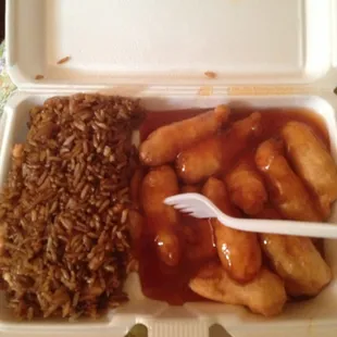 Sweet and Sour chicken with chicken fried rice.