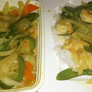 Curry shrimp W onions snow peas carrots and rice from Ho Ho To Go was very delicious and spicy. Enough for 2 people ! :)