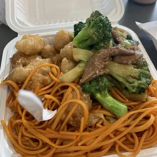 Lo mane, beef and broccoli, sesame chicken