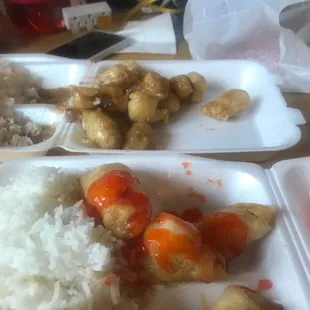 Sweet and sour chicken and sesame chicken... I think.