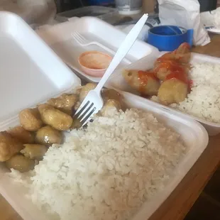 a tray of rice, chicken, and vegetables