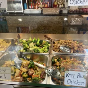 a variety of food items in a display case