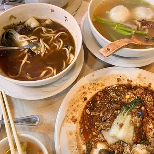 Beef soup, minced pork over rice, dumplings, Taiwan rice ball soup.