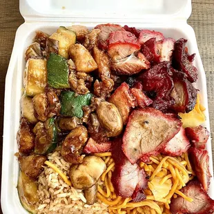 Mushroom Chicken, Char Siu, Fried Rice and Chow Mein. Hearty portions here