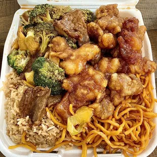 Broccoli and Beef, Orange Chicken, Fried Rice and Chow Mein. Very generous portions!