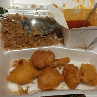 Sweet &amp; Sour Chicken-No Pineapple, Peppers, Carrots. It's basically chicken McNuggets with dipping sauce!