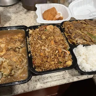 Veggie Beef Egg Foo Young, House Fried Rice, Beef Lo Mein Dinner, and Shrimp Toast