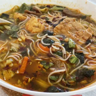 VEGAN bun bo hue with small thin noodles instead of the large noodles! Delicious. (Took home to heat up and eat)