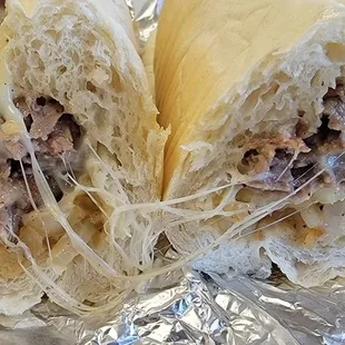 Inside view of a delicious steak sandwich.