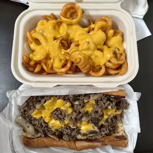 Mushroom &amp; Grilled Onions Cheese Steak Hoagie with Extra Meat and Cheese Sauce Curly Fries