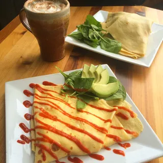 Eggs, Cream Cheese, Sriracha and Avocado Crepe