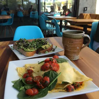 Eggs, Bacon, Spinach, Cheddar and Tomato Crepe