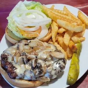 Mushroom Swiss burger with fries!