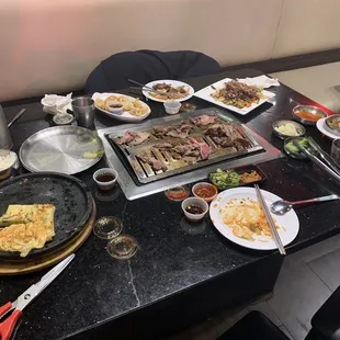 Brisket, Mandu, Japchae, Pajeon.