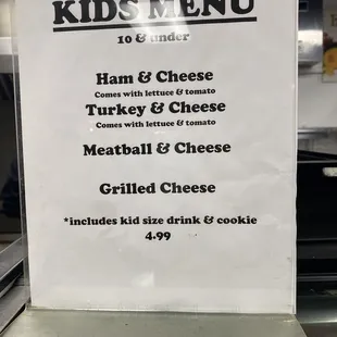 Kids menu