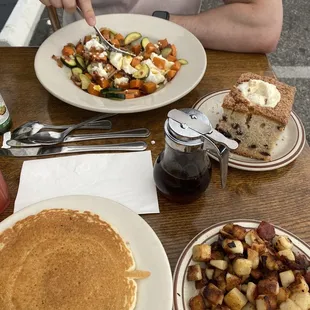 Chocolate chip pancake, hashbrowns, Sweet Potato Hash and Eggs, Our World-Famous Blueberry Coffeecake