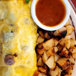 Mountain View Ommiee/omelet w/ mushroom, tomatoes, chicken apple sausage (or pork sausage or ham), jack &amp; cheddar cheese (w/o green peppers)