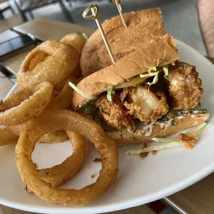 Shrimp Po boy with onion rings