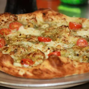 a closeup of a pizza