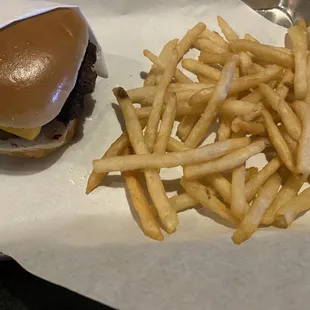 Cheese burger and fries.