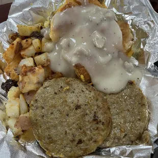 Breakfast special- casserole with gravy, sausage, potatoes