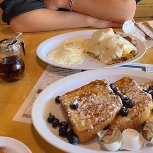 Blueberry french toast and &quot;Hill Buster&quot; biscuits and gravy.