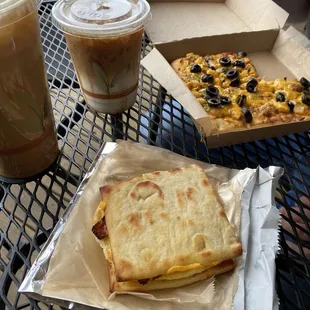 Bacon/Egg/Cheese Breakfast Sandwich + Breakfast Pizza + Cold Brews :)