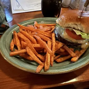 Bang Bang Burger w/sweet potato fries