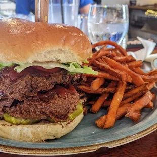 Hive Fried Chicken sandwich with honey BBQ sauce and sweet potato fries