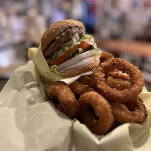 Burger and onion Rings