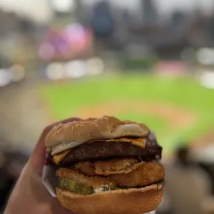 FTD Burger (Cheeseburger with Onion Rings, Pickles and BBQ sauce)