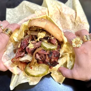 GUIDO BURGER , Inspired by Guy Fieri. Serve w/ Pastrami, Ketchup, Pickles, Swiss Cheese, Grilled Onions &amp; Spicy Brown Mustard