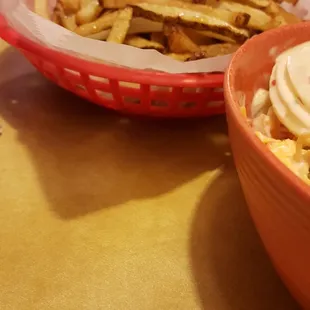 Fresh cut frys  and yummy salad with homemade creamy Italian dressing