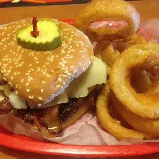 Bacon Swiss Burger with onion rings