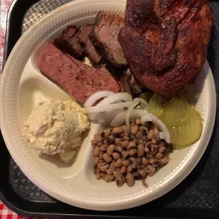 3 meat plate (half chicken, marbled brisket, spicy sausage, potato salad, black eyed peas)