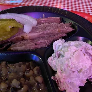 Brisket, potato salad and black eyed peas
