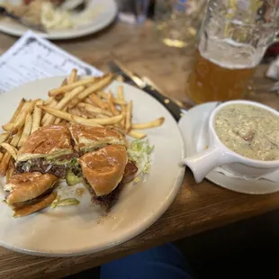 Bourbon glazed burger with potato soup