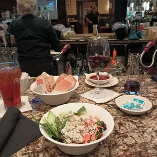 Salad add blue cheese and bread service at the var
