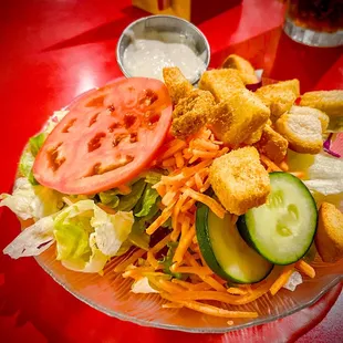 Dinner salad with blue cheese dressing. Fresh and delicious.