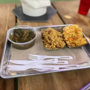 Rice and beans, collard greens, and Mac n cheese