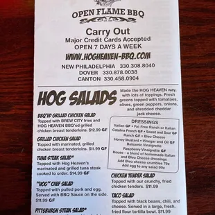 the menu for hog heaven