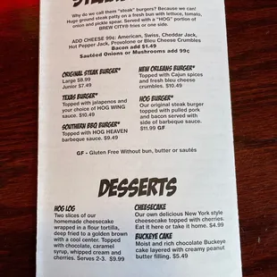 a menu for steakburgers