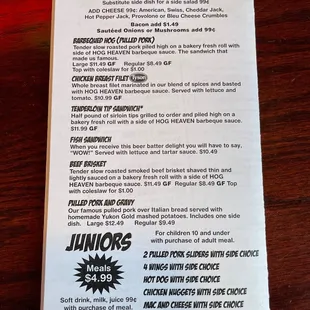 a menu for sandwiches on a table