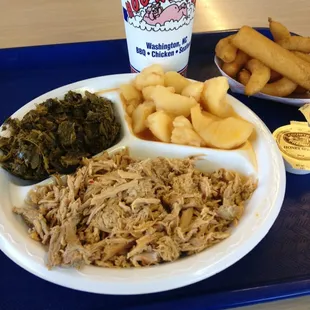Pork Plate Dinner - pulled pork, red potatoes, collard greens, and hush puppies