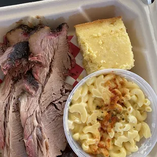 Brisket, sausage, corn bread and mac and cheese.