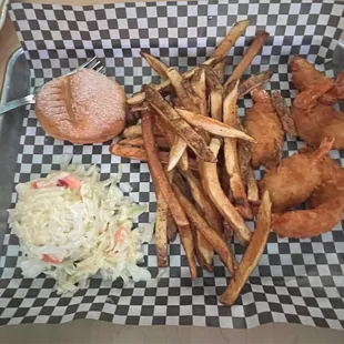 Fried shrimp, fresh, cut, fries, coleslaw, &amp; fresh roll