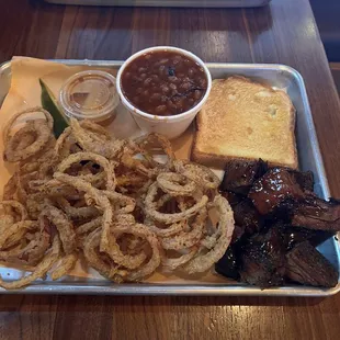 Burnt ends and onion straws.