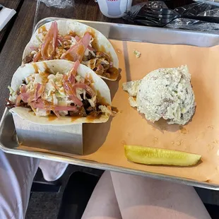 BBQ Tacos (Pulled Pork and Brisket) with a side of potato salad