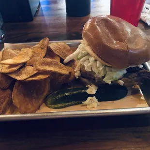 Hog Tide Carolina Pulled Pork Sandwich and their homemade chips!  Amazing!